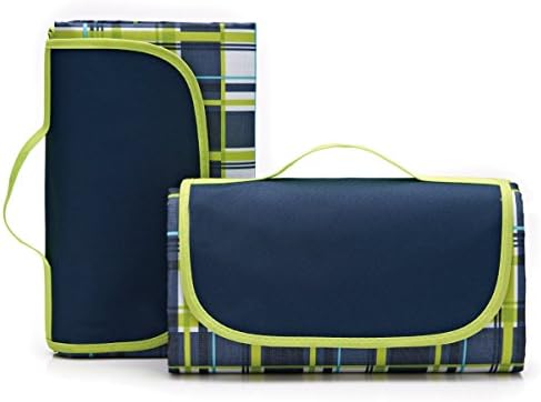 XFAY 150x145cm Waterproof Foldable Lattice Picnic Blanket Travel Rug Handy Mat - Baby Crawling Mat, Child Play Mat with Dark Blue Handle Strap