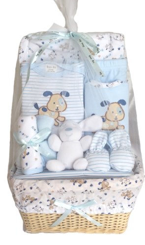 Baby Basket Gift Set 0 - 3 Months - Toy, Wrap, Bodysuit, Trousers, Bootees, Bib, Wash & Burp Cloths Blue Puppy Dog
