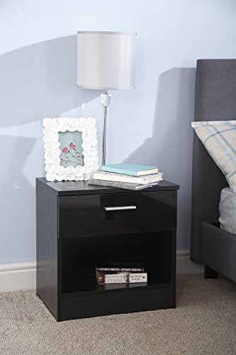 OTTAWA BLACK GLOSS FRONT BEDSIDE CABINET STORAGE UNDERSHELF &amp; METAL HANDLE