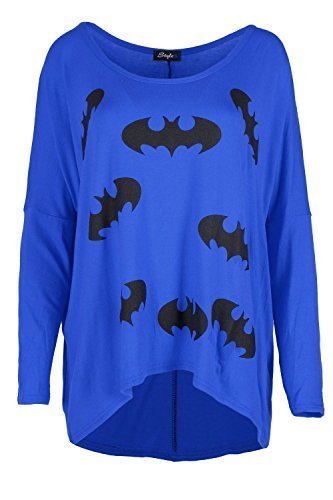 Damen-Batman-Schulterfrei-berdimensional-Schichtung-Hoch-Niedrig-Lagenlook-Schlabber-Dehnbar-Freizeit-Langrmlig-T-shirt-Knigsblau-ML-4042