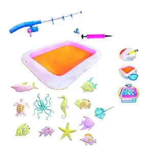 Kids Fishing Game with Pond, Hunting Rod with Magnetic Fish Along with Inflatable Tub, Air Pump, Fishing Rod & 12 Aquatic Animals for Boys & Girls for 4 to 12 Years - Multi Color