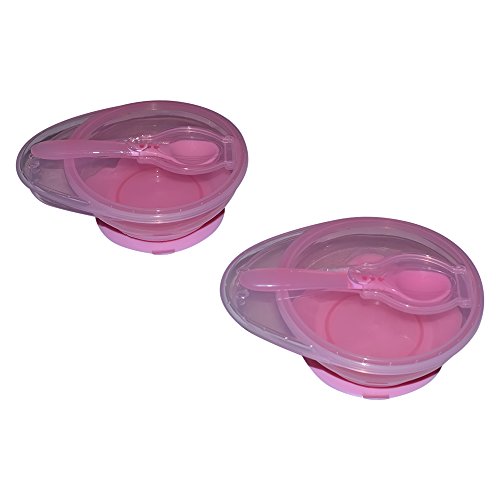 Sharebear Baby Suction Bowl with Built in Spoon Holder on Top of Lid. Set of 2 Either Blue or Pink. FDA Approved, BPA Free, Dishwasher Safe, Shatterproof and Spillproof. (Pink)
