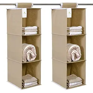 HomeStrap Non Woven Hanging 3 Shelves Engineered Wood Wardrobe/Closet Cloth Organizer (Beige)|(Pack of 2)