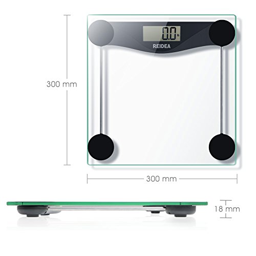 REIDEA Digitale Personenwaage Körperwaage aus Sicherheitsglas, 5kg-180kg, mit Großem LCD-Display, Batterie und Maßband, Schwarz - 3