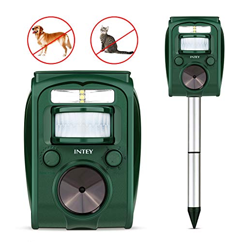 examen INTEY Répulsif Chats Exterieur, Répulsif à Ultrasons avec Batterie, Charge Solaire,Chargement USB Prévenir Les Chiens et Les Chats, Les Oiseaux, pour Jardins, Champs, Pépinières (TO-QT-001)
