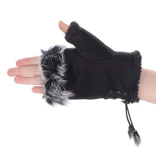 LONTG Mitaine Fourrure Fausse Chaud Souple Gant à Ecran Tactile Poignet Gant Demi-Doigt Réglable Moufle d'hiver Automne Printemps Gant de Cyclisme Conduit Moto Cadeau de Noël pour Femme Fille