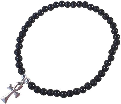 HH Jewellery ANKLET with Ankh Charm Black Acrylic 6mm Beads on Elastic : Small