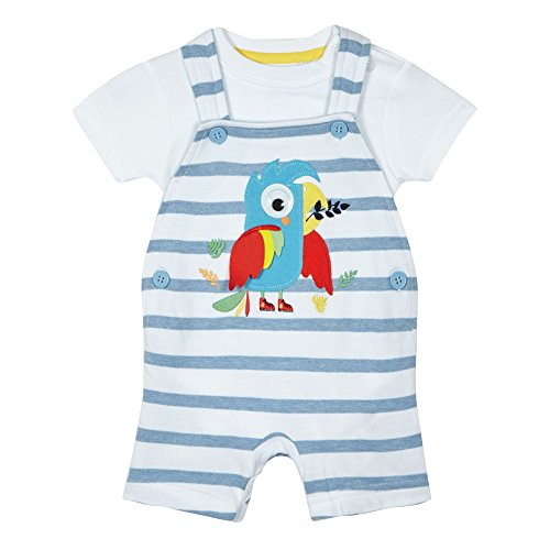 Baby Boys' Blue Striped Print Parrot Applique Dungaree And White Bodysuit Set 12-18 Months