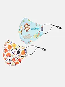 Chicco ComfyPro Face Mask, Effective Against 95% Particles, Soft & Breathable, Comfortable Nose Band, Adjustable & Reusable, Design- Sports, Jungle, for Kids 3-6Y (Pack of 2), White, S