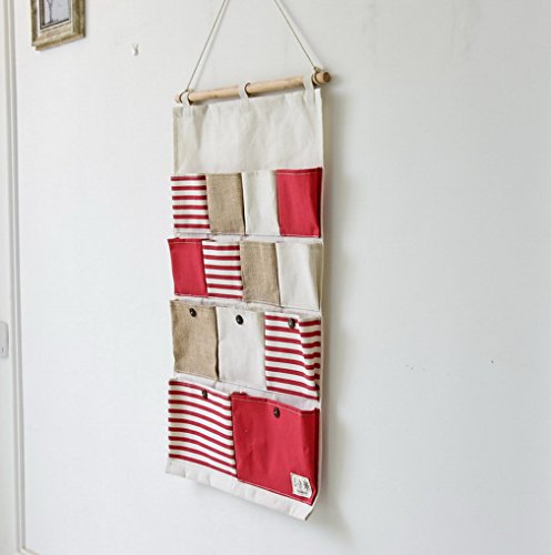 NORCCI Stoffwandbehang Wandorganizer Hängeorganizer Aufbewahrungstaschen Aufbewahrung Ordnung Utensilientasche für Tür Wand Badzimmer (#E Gestreift Rot) - 2