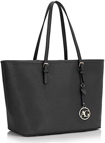 Black Tote Bags for Women, Designer Handbags & Shoulder bags, Ladies Work Bags - Hook Closure, 2 Internal Pockets (Zipper and Open)