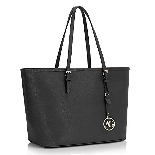 Black Tote Bags for Women, Designer Handbags & Shoulder bags, Ladies Work Bags - Hook Closure, 2 Internal Pockets (Zipper and Open)