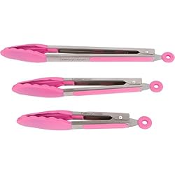 Rose Pinces de Cuisine en Silicone - Set De 3 - 18x23x30,5 CM - Pour BBQ Grill, Cuisson au Four, le Service de Salade Steak Légumes | Acier Inoxydable avec Extrémités en Silicone