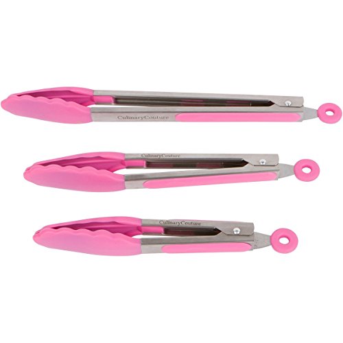 Rose Pinces de Cuisine en Silicone - Set De 3 - 18x23x30,5 CM - Pour BBQ Grill, Cuisson au Four, le Service de Salade Steak Légumes | Acier Inoxydable avec Extrémités en Silicone