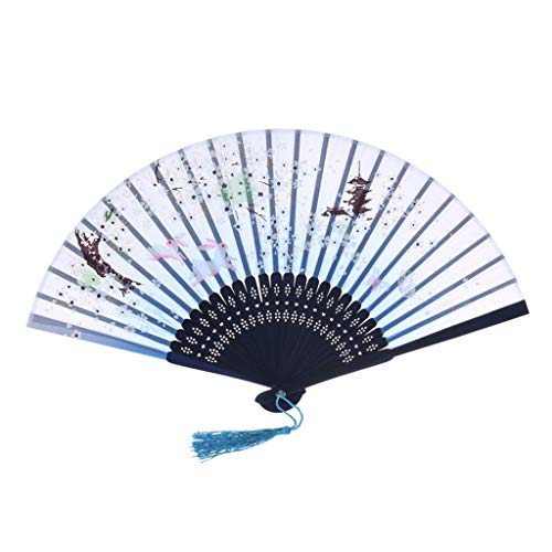 Preisvergleich Produktbild REALIKE Damen Handfächer Chinesischer Blumen Stoff Fächer Bambusgriff Wandfächer Hochzeit Party Tanzen Fasching Weiß Blüten Dekoration Geschenk Tanzabend Kostüm Maske Karnevals