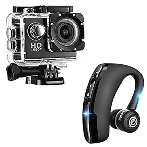 Envilean Combo Pack of 2 Items - 1080p Sports Waterproof Action Camera, Wireless Bluetooth Noise Canceling Headphones (1 Year Warranty)