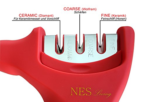 NES-Living 3-Stufen Messerschärfer | hochwertiger Messerschleifer für Edelstahl- & Keramikmesser aller Größen | edles Design (Rot) - 4