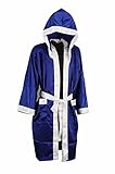 NEW MENS HOODED SATIN BOXING CONTEST ROBE MUAY THAI BOXING KICK BOXING 4 COLOURS (Blue/White, Medium)