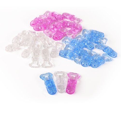 30 KAM Plastic Clips Mam Baby Pacifier Soother Holder Great Baby Gift T-shaped Plastic Badge Clips for making Dummy Clips Straps (Clear(10pcs)+Blue(10pcs)+Pink(10pcs))