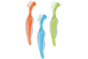 KEQAR 3 Stück Premium Hygiene Harte Prothesenbürste Doppelseitige Prothesenreinigungsbürste Mit Mehrschichtigen Borsten und Rutschfestem Gummigriff für Die Reinigung Falscher Zähne (Zufällige Farbe)