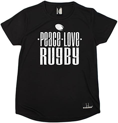Women's Up and Under - Peace Love Rugby - Premium Dry Fit Breathable Sports Round Neck T-Shirt - Rugby Tee Top rugga Union t Shirt Team Kit Fashion Clothing accessories