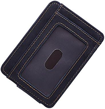 Crazy Horse Men Leather Wallet Small Id Badge Holder with Magnet Clip for Women (Blue)