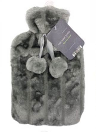 Luxurious Cosy Faux Fur Cover Hot Water Bottles with Pom Poms: 2 Litre Size (Silver)