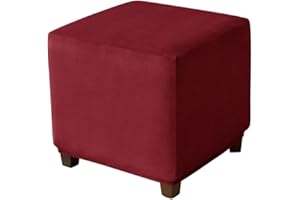 Highdi Velvet Square Ottoman Cover, Rectangle Stretch Footstool Slipcover, Stool Protector Cover with Elastic Bottom, Dustproof Removable Washable Footrest Pouffe Covers (M,red)