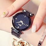 GRCSGL Uhr-Mädchen-Stahlgürtel-Wasserdichte Mode-Trend-Authentische Einfache sternenklare Diamant-Art- und Weiseuhr, schwarz