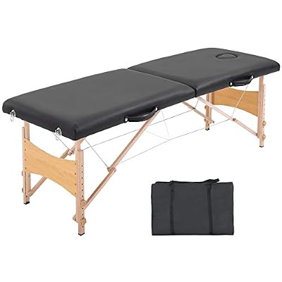 Homcom Table de massage pliante lit table de beauté 2 zones portable sac de tranport inclus hauteur réglable dim. 186L x 60l x 58-81H cm bois massif simili cuir noir