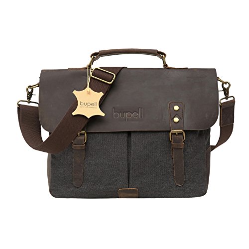 bupell Umhängetasche für Laptop und Akten aus echtem Büffel-Leder und Canvas - Für Notebooks bis 14" - Unisex Vintage Messenger Bag, Aktentasche, Schultertasche, Notebooktasche -