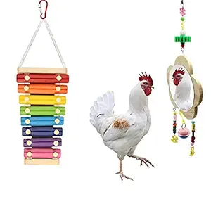Viowey 2PCS Chicken Toys, Chicken Mirror for Hens, Chicken Xylophone Toy for Hens Suspensible Wood Xylophone Toy with 8 Metal Keys Chicken Pecking Toy for Hens Parrots