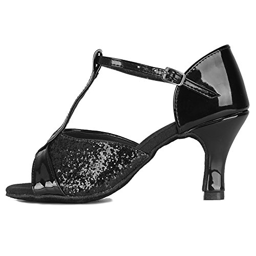 HIPPOSEUS Zapatos de Baile Latino estándar para Mujer Zapatos de salón con Lentejuelas y tacón 7CM,259-7,Negro Color,EU 38