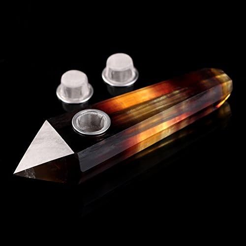 Primemory Six Prismatic Natural Yellow Fluorite Crystal Pipe with 2pcs Metal Filter, Smoking pipe, Pipes for Tobacco about 4-4.5 Inches