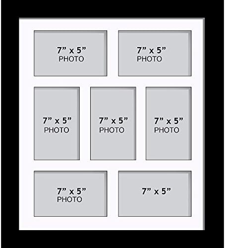 Large Multi Picture Photo Aperture Frame, 7” x 5” size with 7 openings in White Mount, Choices of frames