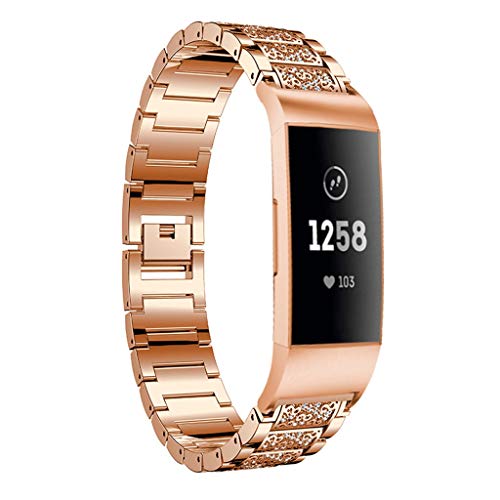 Preisvergleich Produktbild MuSheng uhrband Für Fitbit Charge 3 Armband Edelstahl Diamantersatz Armbänder Bracelet Strap Wrist Band für Fitbit Charge 3 Fitness Sport Tracker Damen Herren Small-Large Geschenkbox (Rose Gold)