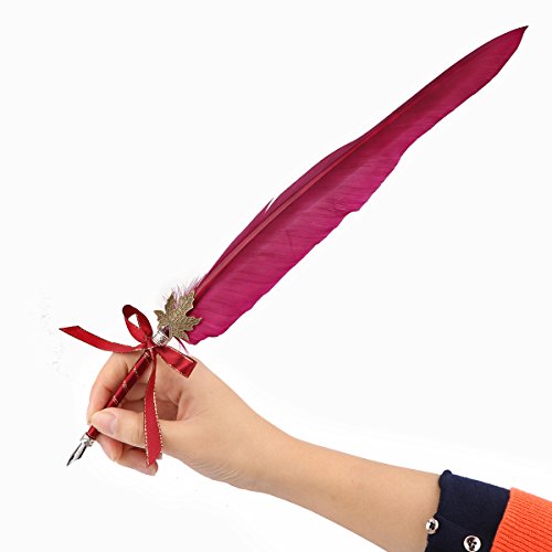 Pen Kit Gänsekiel Dip Pen Kit handgeschnitzt Feder Dip Pen Kit mit eleganten Carving Stift Ständer/Tinte Flasche/5 x Feder (schwarz/rot/grün) – rot - 4