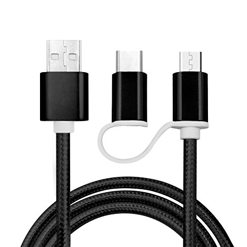 2 in 1 Ladekabel, 1.2m kabel Nylon umflochtenes Micro auf Type C USB Ladegerät für Samsung S5 S6 S7 Und the new MacBook, ChromeBook Pixel, Nexus 5X, Nexus 6P, Nokia N1 Tablet, OnePlus 2 und andere USB-C-Geräte(Schwarz)