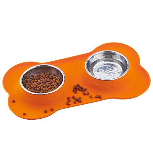 Super Design Comedero Doble Perro con cuenos INOX Comedero Gato Doble con Base de Silicona en Forma de Hueso