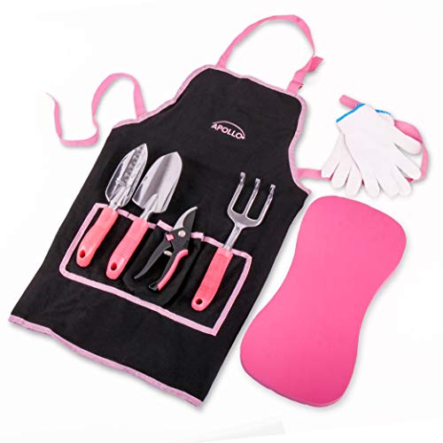Apollo 7pc Pink Garden Tool Set of Gardening Essentials with Cast-Aluminium Pruners, Hand, Narrow Trowel, and Hand Rake, Work Apron, Gardening Gloves & Kneeler in Vibrant Pink Colour - Great Gift Idea