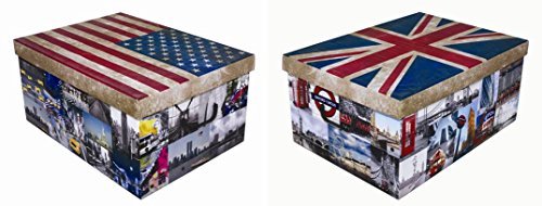2 Stück XXL Dekokartons mit modernen Städtemotiven 1 x "ENGLAND" und 1 x "AMERIKA" - Mit vielen verschiedenen City Motiven aus London & New York, Tragegriffen und XXL Stauvolumen! Topp für jeden Haushalt oder als Geschenkbox.