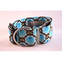 Hundehalsband Blumen Retro, Türkis, mittel, Zugstopp mit Stoffbezug, versandfertig!