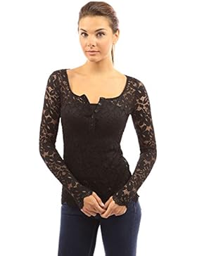 PattyBoutik Modische Damen Henley florale Spitzenbluse mit langen Ärmeln und U-Ausschnitt