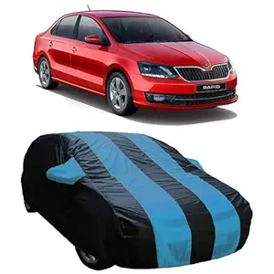 DRIZE Car Cover for Skoda Rapid with Triple Stitched Fully Elastic Ultra Surface Body Protection (Strips Royal Blue with Mirror Pockets)