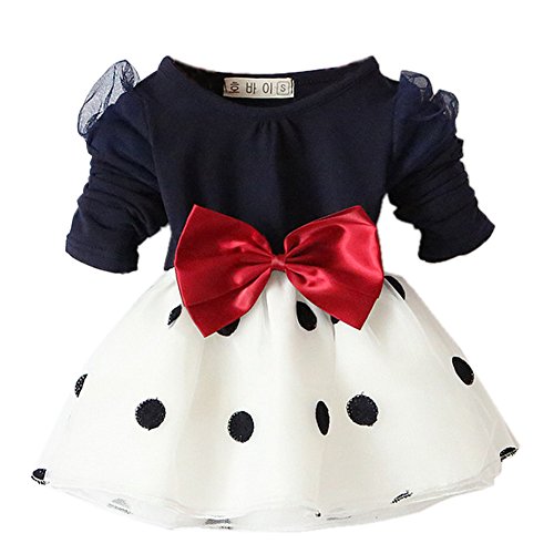 Zhuannian Baby Girls Long Sleeve Spot Bowknot Organza Dress (3-6 months, Navy Blue)