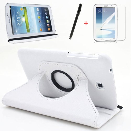 gada - Samsung Galaxy Tab 3 P3200 P3210 P3220 360° drehbare Leder-Imitat Tasche mit praktischer Standfunktion in schickem Weiß inkl. kostenloser Displayfolie und Touch Pen