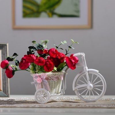 ABURA Rattan Simulation Nostalgic Bicycle With Artificial Flowers Floats Home Accessories Decoration Plastic Floral Decoration Flower Artificial Flowers (Red Rose)