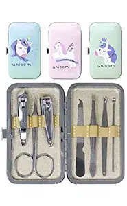 SKreations Nail Clipper Travel Set, Unicorn 7 in 1 Stainless Steel Professional unicorn Nail Cutter Manicure Pedicure & Grooming Kits with Leather Case unicorn