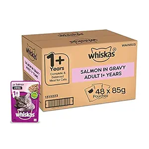 Whiskas Wet Cat Food for Adult Cats (1+Years), Salmon in Gravy Flavour, 48 Pouches (48 x 85g)