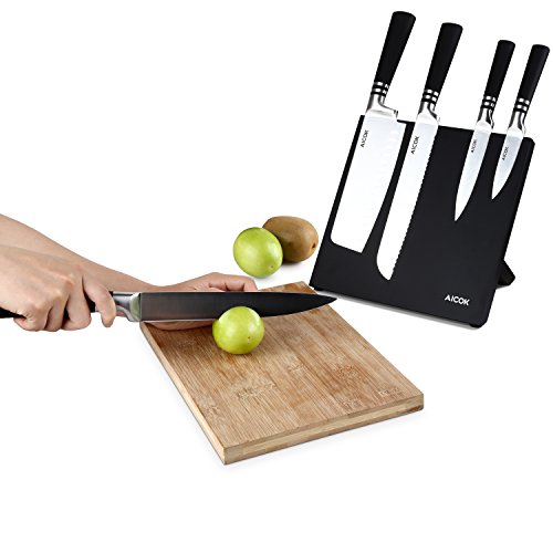 Aicok Magnetischer Messerblockset, Messerset Mit Magnetischem Messerhalter, 6-tlg, Rostfreier Spezialstahl Messerblock Set mit Magnetischem Messerbrett, Schwarz - 3